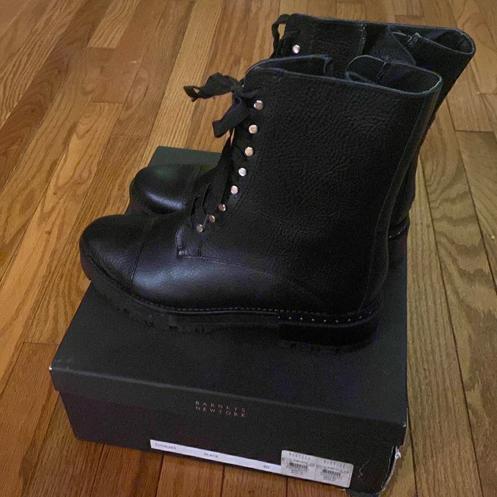 Barney leather combat boots. Zipper broken on right foot.